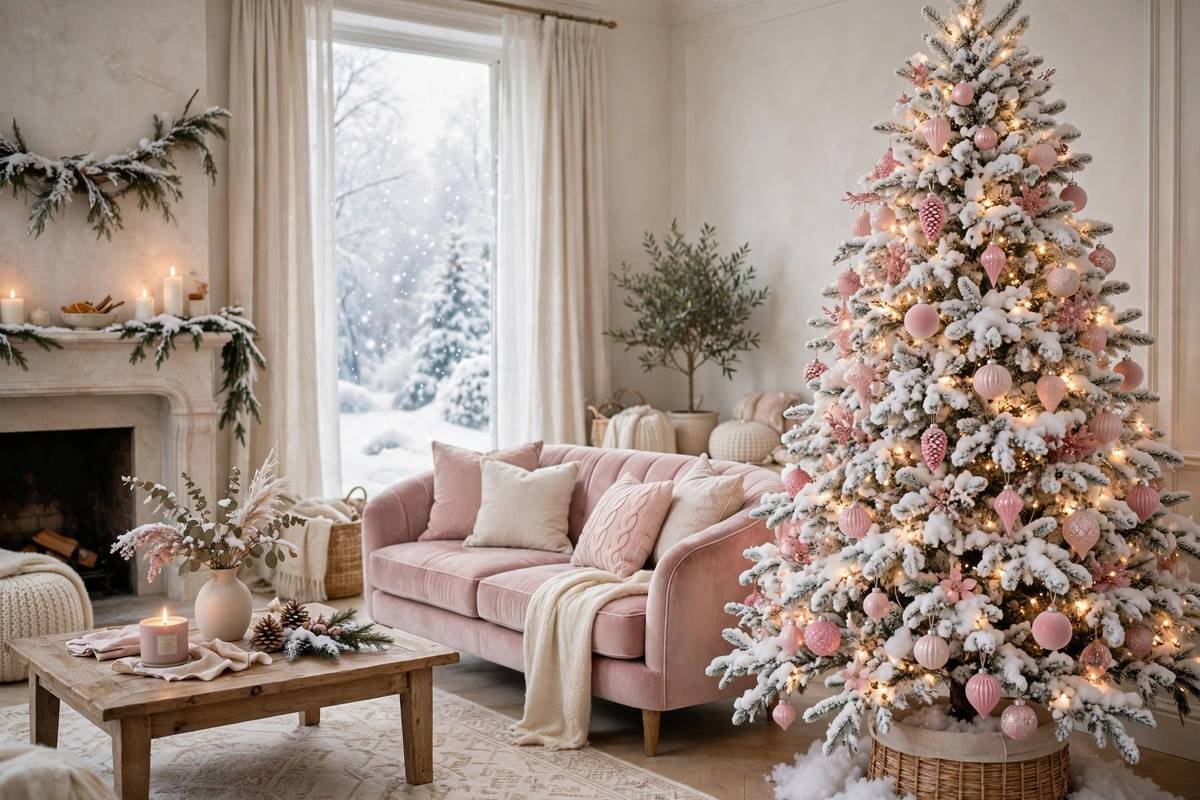 Pink Christmas tree on a flocked white tree