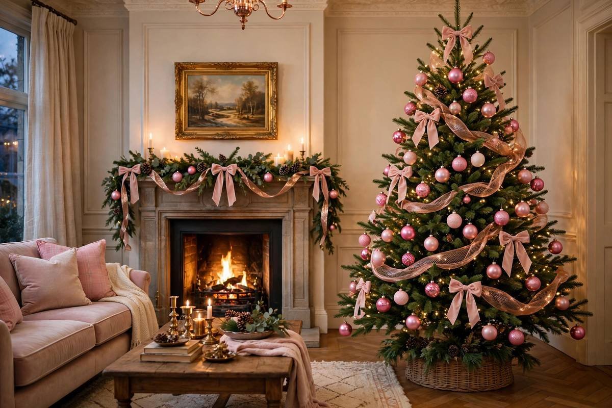 Pink accents on a classic green Christmas tree