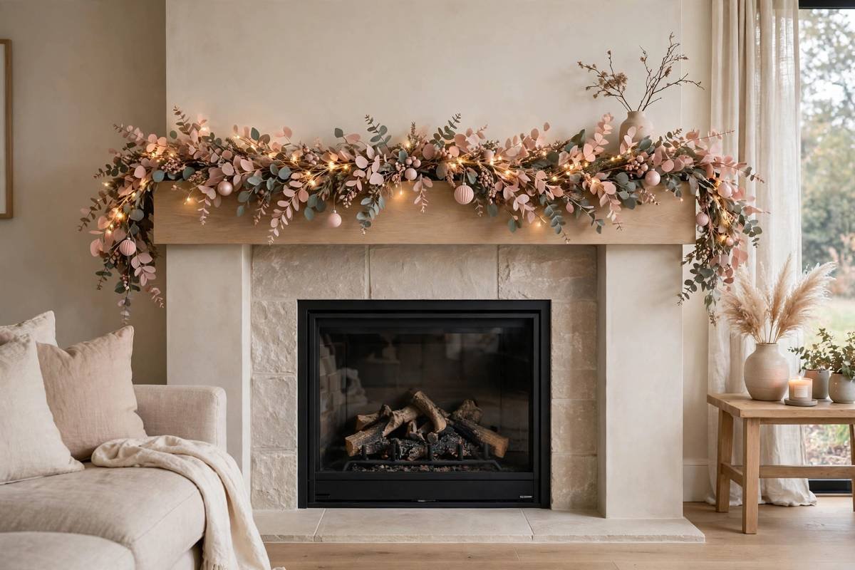 Blush garland with fairy lights on a mantel