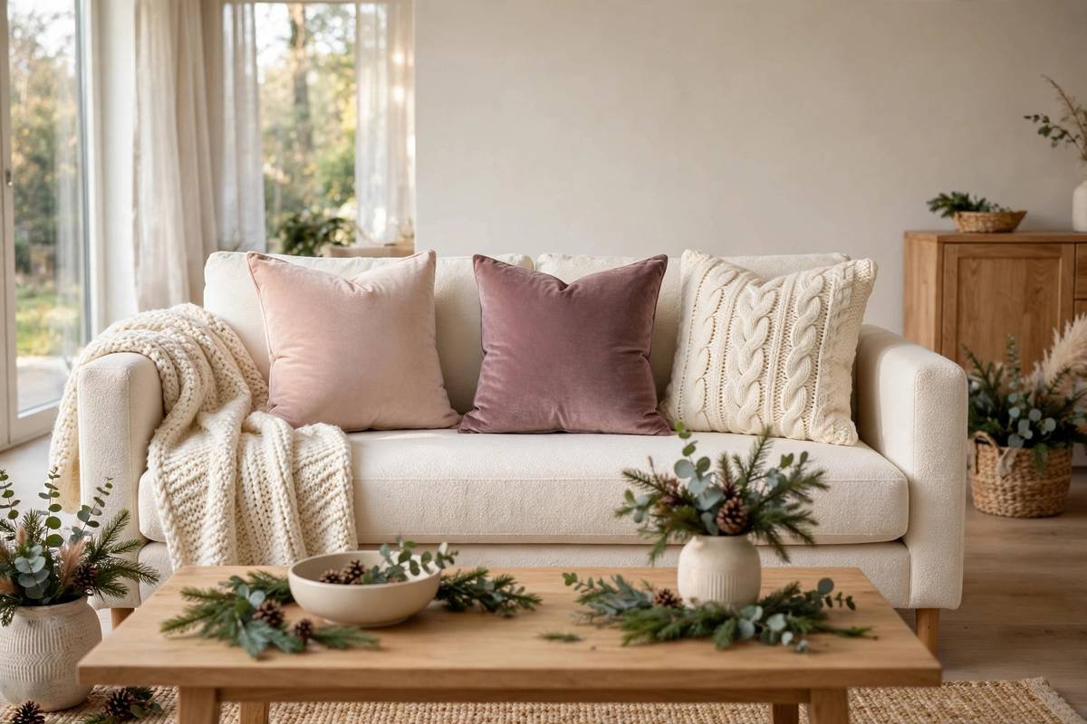 Pink throw pillows and knit blankets