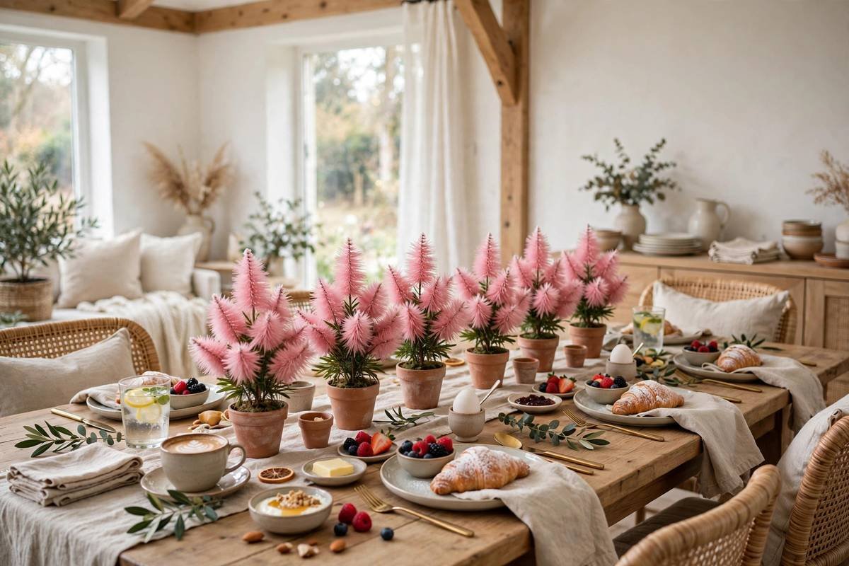 Mini pink trees as centerpieces