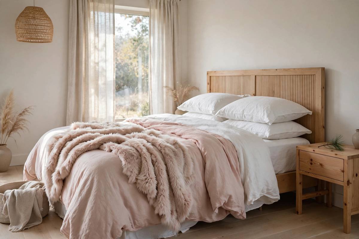 Blush bedding with a holiday throw