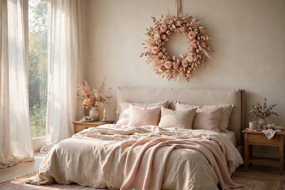 Pink wreath above the bed